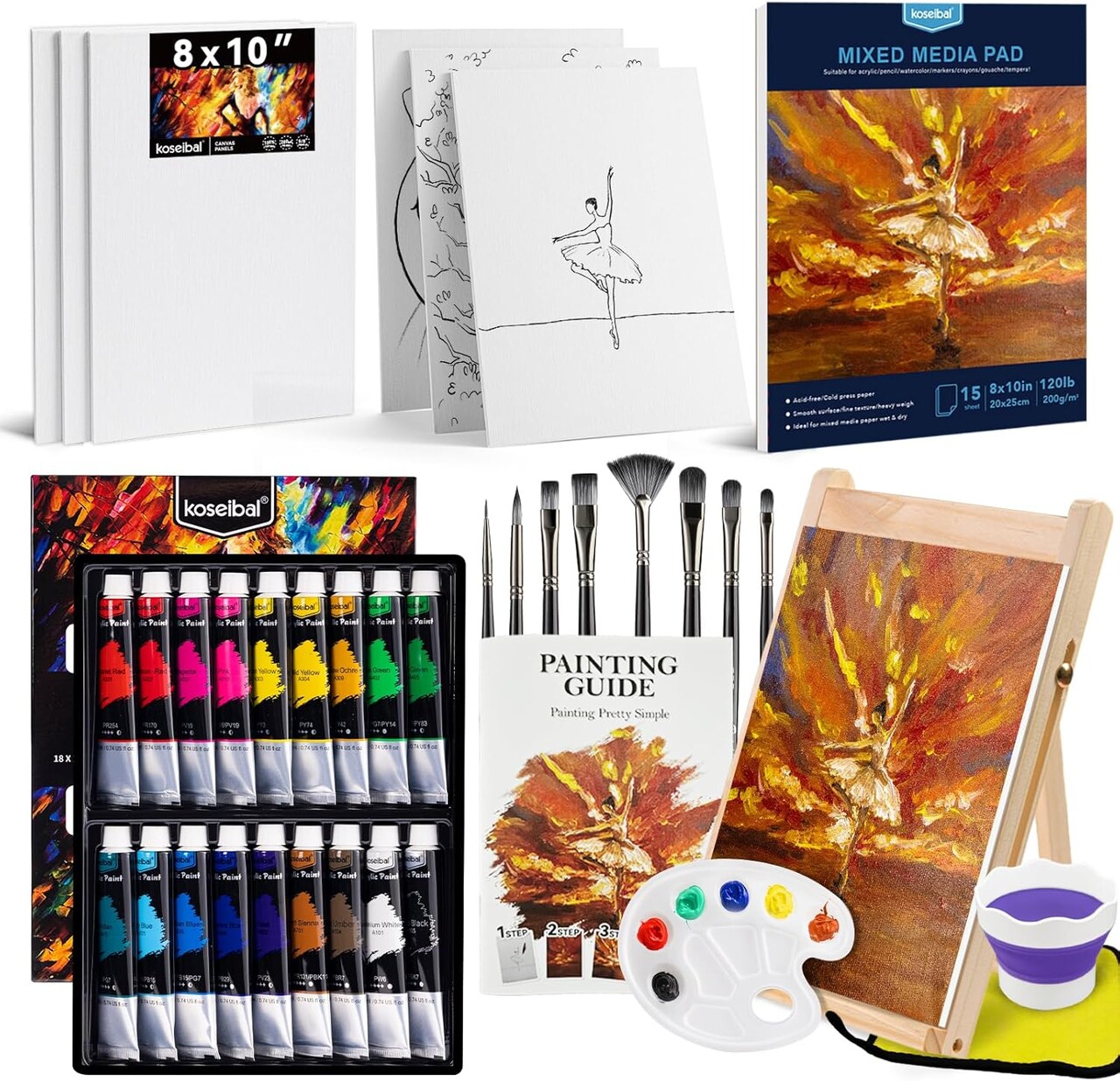 Acrylic Paint Set for Adults & Kids - 37PCS Painting Supplies Kit with 18 Colors Acrylic Paint, 8 Paint Brushes,6 Canvas Panels, Wooden Easel,Palette, Painting Pad, Cleaning Cup, Cloth